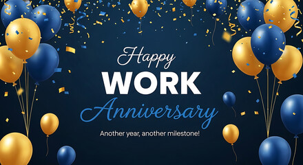 Blue and gold balloons confetti and text happy work anniversary celebration