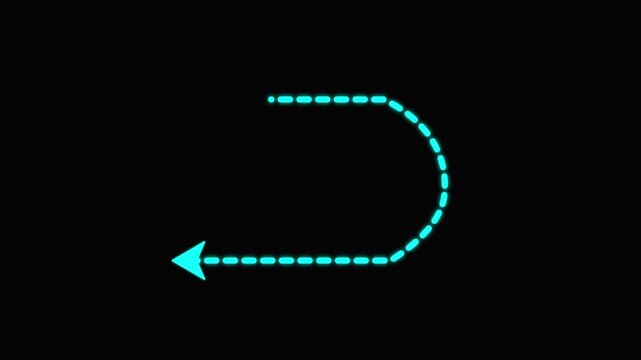 Wavy Downward Left Arrow Animation with Dotted Line Path on Black Background, Minimal Motion Graphic Element for Direction, Navigation, and Flow Visualization.