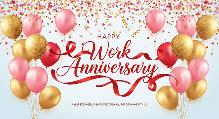 Happy Work Anniversary celebration with pink gold red balloons confetti image