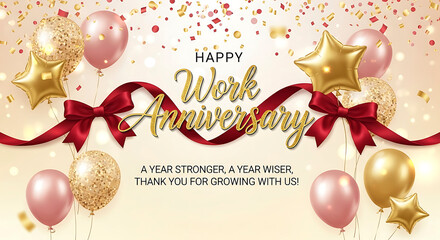Happy Work Anniversary gold glitter balloons red ribbon confetti celebration image