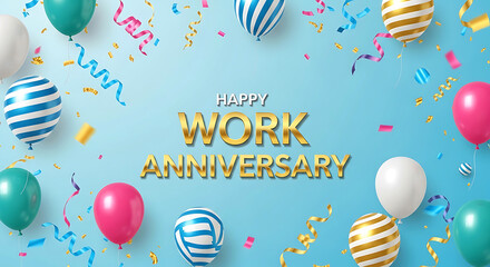 Happy Work Anniversary golden text with balloons and confetti celebration
