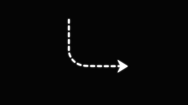 Wavy Downward right-angle Arrow Animation with Dotted Line Path on Black Background, Minimal Motion Graphic Element for Direction, Navigation, and Flow Visualization.