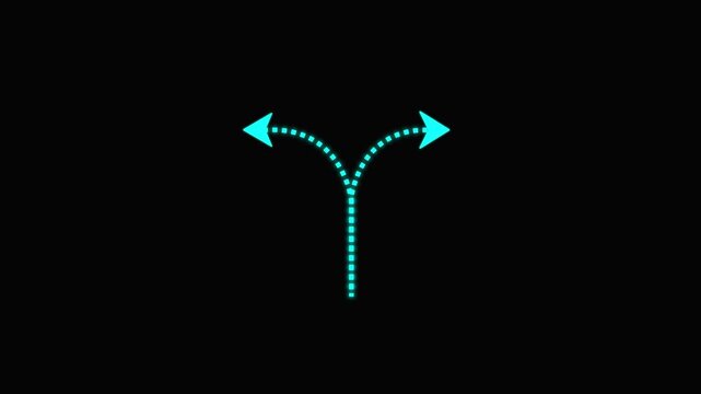 Glowing Split Direction Arrow Animation on Black Background &ndash; Futuristic Dotted Path Indicator for Navigation, Choice Making, and User Interface Elements.