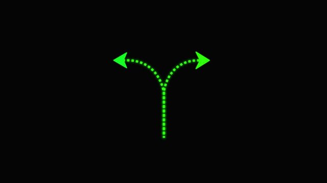 Glowing Split Direction Arrow Animation on Black Background &ndash; Futuristic Dotted Path Indicator for Navigation, Choice Making, and User Interface Elements.