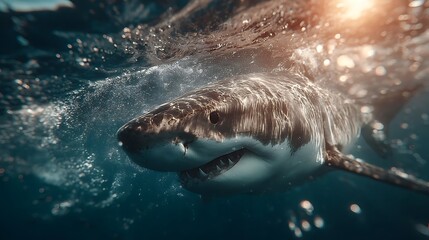 Great white shark underwater close up sunlight images