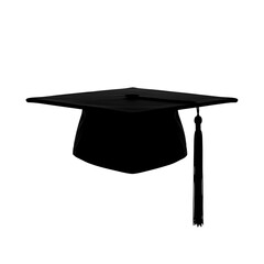 Black academic mortarboard with tassel displayed against a white background