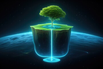 green tree on floating island in space with glowing blue water flowing around crown isometric earth view for fantasy nature concept