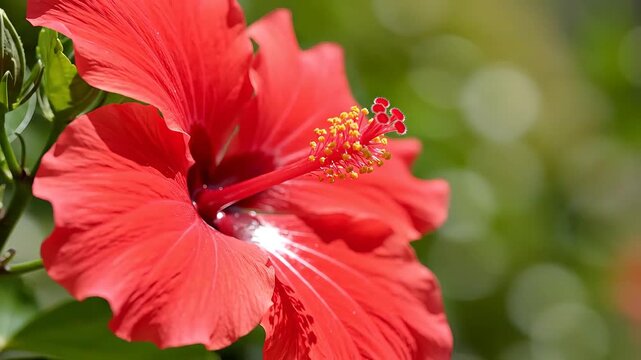 Closeup of a vibrant red hibiscus flower blooming in a garden on a sunny day.