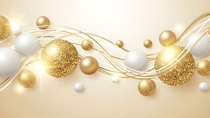 Elegant arrangement of golden spheres with glittering textures and smooth white pearls