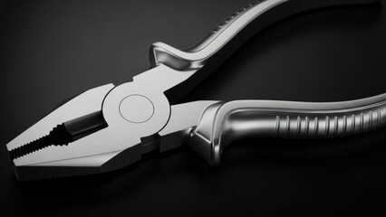 Sleek Metallic Pliers: Detailed Close-Up on Black Background, Studio Lighting.