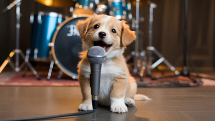 Adorable puppy sings into microphone on stage with drum set ready for music advertising or pet product promotion