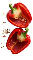 Two halves of a vibrant red bell pepper showing seeds and stem isolated on white background.