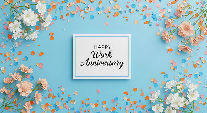White flowers and confetti surround a card that reads Happy Work Anniversary image