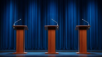 Empty wooden podiums with microphones ready for a formal debate or conference speech.