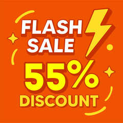 Naklejka premium Flash Sale Discount Banner Template. Orange background with yellow lightning bolt icon and bold text. Vector illustration for social media promotion and retail marketing.