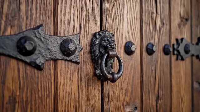 Rustic Wooden Door with Ornate Lion Knocker and Iron Hinges.
