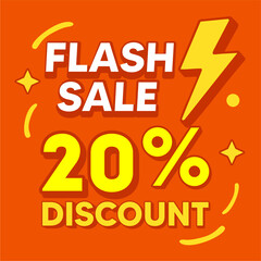 Flash Sale Discount Banner Template. Orange background with yellow lightning bolt icon and bold text. Vector illustration for social media promotion and retail marketing.