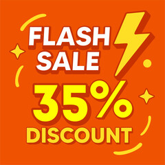 Flash Sale Discount Banner Template. Orange background with yellow lightning bolt icon and bold text. Vector illustration for social media promotion and retail marketing.