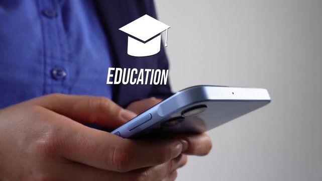 Online education. Woman holding a smartphone with an animated graduation cap icon and the word "Education."