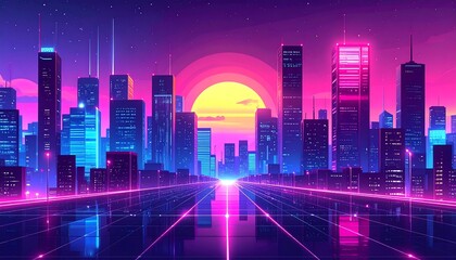 Futuristic city skyline at sunset with neon lighting and reflections
