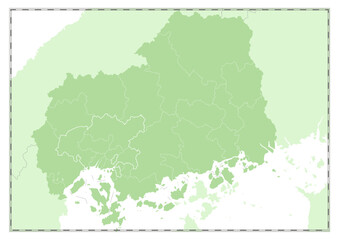 Fototapeta premium 額縁入りの「広島県」の白地図。緑色をした日本の都道府県の白地図シリーズ。A framed blank map of Hiroshima Prefecture. Part of the green blank map series of Japanese prefectures.