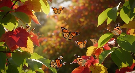 Vibrant monarch butterflies flit amongst brilliant fall foliage, bathed in warm sunlight.