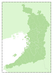 額縁入りの「大阪府」の白地図。緑色をした日本の都道府県の白地図シリーズ。A framed blank map of Osaka Prefecture. Part of the blank map series of Japanese prefectures in green.