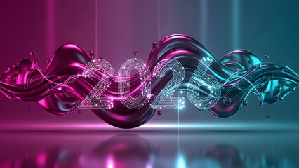A dynamic and high-tech New Year 2026 background featuring the number "2026" rendered with glowing digital lines, set against a backdrop of glossy, metallic liquid waves and abstract digital data stre