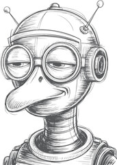 Futuristic Duck Robot with Glasses and Helmet Monochrome Illustration