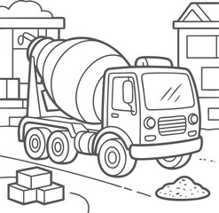 Cement Mixer Truck at Construction Site Line Art Illustration