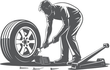 Mechanic Changing Car Tire with Tools Monochrome Illustration