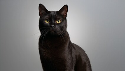 Elegant black cat portrait with striking yellow eyes on a gray background
