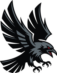 Aggressive Raven in Flight with Red Accents