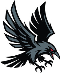Aggressive Raven in Flight with Red Accents