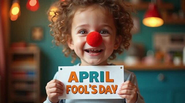 Smiling Child Holding April Fools&rsquo; Day Sign with Clown Nose