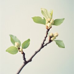 A delicate tree branch with fresh green leaves and buds emerging in springtime, a symbol of new beginnings and growth