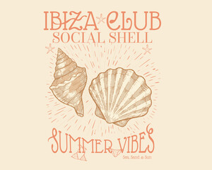 Typography Ibiza Social club slogan, Vintage seashell line drawing. Ibiza beach design. Seashell vintage. Salty days artwork for t shirt print,