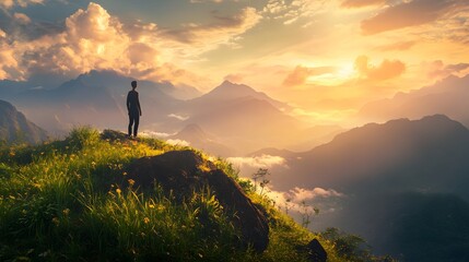 A lone figure stands on a mountain peak at sunset, looking out over a valley filled with fog.  The sky is ablaze with color, creating a breathtaking panorama.