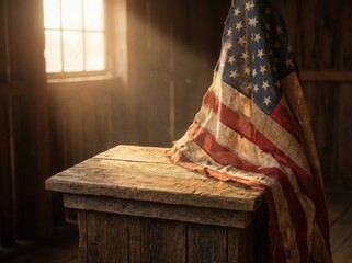 A weathered american flag is draped reverently over a rustic wooden pedestal, dramatically backlit by golden sunlight streaming through a window in a somber, dark interior.
