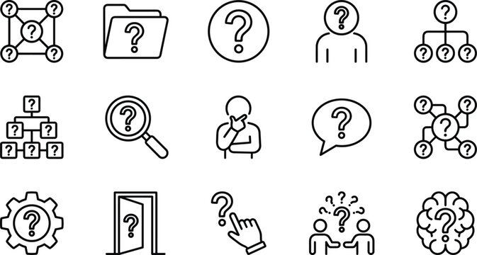Inquiry, Problem Solving, and Question Outline Icon Set, Representing Unanswered Issues, Critical Thinking, Decision Making, Complexity, and Information Search, Vector