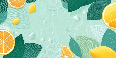 fresh citrus and leaf pattern design background with lemons, oranges, and dew drops for super store flyer displays, seasonal promotions, and web banner backdrop