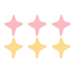 A set of pastel pink and yellow star shapes arranged symmetrically, creating a playful flat illustration for cute decorations, icons, stickers, and graphic elements.