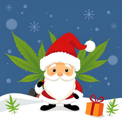 Cartoon like image of Santa Claus with marijuana cannabis ganja background of leaves