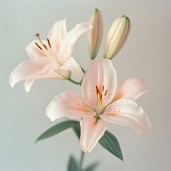 Fototapeta premium A delicate close-up of beautiful pastel pink lily flowers with elegant buds blooming on a soft, dreamy, muted background