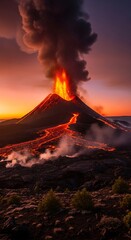 A dramatic eruption of a volcano at dawn, with molten lava flowing down the slopes and a plume of dark smoke rising into the sky.