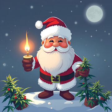 Santa Claus holding a candle for the Northern Lights around cannabis plants