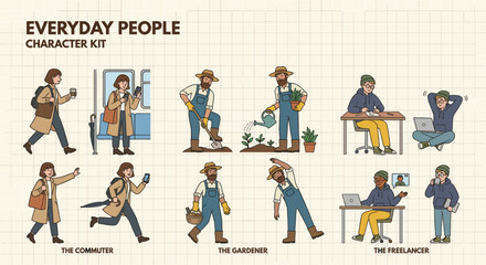Fototapeta premium Everyday People Character Kit Vector Illustration Set with Various Professions