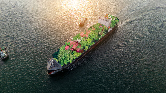 Fototapeta Container cargo ship green Leave Supply Chain green Sustainability. Reduce co2 carbon goals low emission net zero pollution. renewable diesel carbon taxes smart freight catalytic AI tacking ocean.