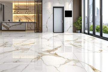 high-end white marble floor tiles with gold veins in office building for luxury interior design and decor