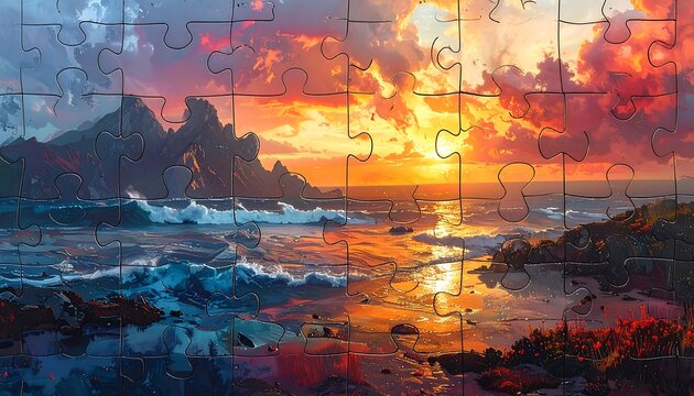 Beautiful coastal puzzle showing a sunset and a rocky shore - Powered by Adobe